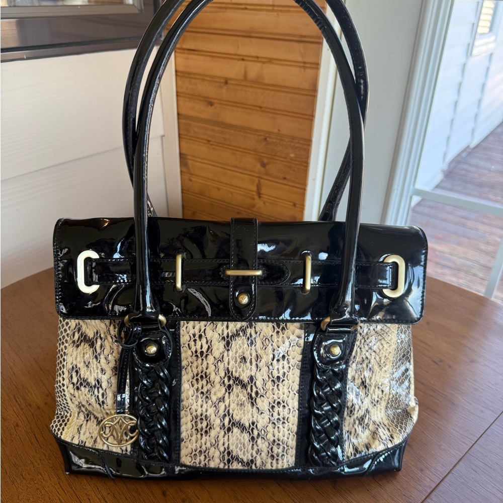 Johnston & Murphy Black Patent and Snake-Print Shoulder Bag